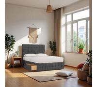 Knight Sleep Munic Charcoal Plush 4Ft Bed Set With Mattress, 2 Drawers Same Side & 24"headboard - Small Double