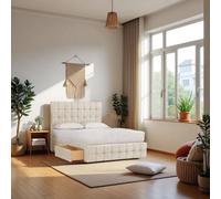 Knight Sleep Munic Cream Plush 4Ft Bed Set With Mattress, 2 Drawers Same Side & 24"headboard - Small Double