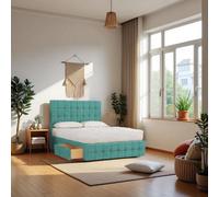 Knight Sleep Munic Light Blue Plush 4Ft6 Bed Set With Mattress, 2 Drawers Same Side & 24"headboard - Double