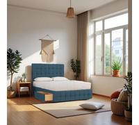 Knight Sleep Munic Navy Plush 4Ft6 Bed Set With Mattress, 2 Drawers Same Side & 24"headboard - Double