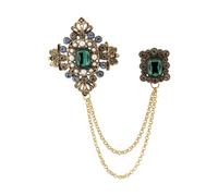 Knighthood Antique Crowned Brooch with Emerald, White & Blue Stones, Pearl Detailing & Hanging Chains Lapel Pin for Men - Regal Accessory for Suits and Coats