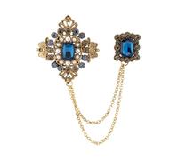 Knighthood Antique Crowned Designer Brooch with Royal Blue Stones & Pearl Detailing with Hanging Chain Lapel Pin for Men