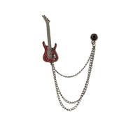 Knighthood Black & Red Studded Guitar Brooch with Red Stone Detailing & Layered Chains Lapel Pin for Men - Rock-Inspired Accessory for Suits and Jackets
