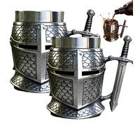 Knight's Helmet Tankard, Medieval Warrior Beer Mug with Sword Handle, 3D Crusader Templar Scale Armor Design, Premium Stainless Steel Resin Coffee Cup Stein Gift for Men Dad Groomsmen