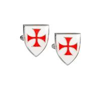 Knights Templar Shield Cufflinks, Red Enamel Cross, Hand-Crafted English Made Pewter, Swivel-Back, with Personalised Leatherette Gift Box