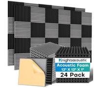 Knightsacoustic 24 Pack Sound Proof Foam Panels with Self Adhesive, 12x12x1 Fire Resistant Acoustic Foam Panels, High Density Acoustic Panels Sound Absorbing, Studio Noise Cancelling Black & Grey