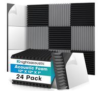 Knightsacoustic 24 Pack Sound Proof Foam Panels with Self Adhesive, 12x12x1 Fire Resistant Acoustic Foam Panels, High Density Acoustic Panels Sound Absorbing, Studio Noise Cancelling Black & Grey