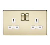 KnightsBridge 13A 2G DP Screwless Polished Brass 230V UK 3 Pin Switched Electric Wall Socket - White Insert