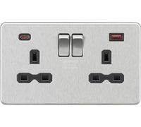 Knightsbridge 13A 2G DP Switched Socket with Dual USB A+C [45W FASTCHARGE] - Brushed Chrome with black insert