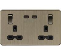 Knightsbridge SFR9965AB Screwless 13A 2G DP Switched Socket with Dual USB-C (65W DUAL FASTCHARGE) - Antique Brass + Black Insert