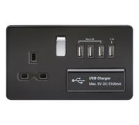 KnightsBridge 13A 2G Screwless 1G Matt Black Switched Socket with Quad 5V USB Charger Ports - Black Insert