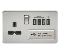 KnightsBridge 13A 2G Screwless Brushed Chrome 1G Switched Socket with Quad 5V USB Charger Ports - Black Insert