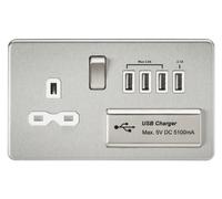 KnightsBridge 13A 2G Screwless Brushed Chrome 1G Switched Socket with Quad 5V USB Charger Ports - White Insert