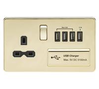 Knightsbridge SFR7USB4PB Screwless 13A Switched Socket + 4xUSB 5.1A - Polished Brass + Black Insert