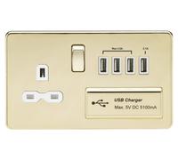 KnightsBridge 13A 2G Screwless Polished Brass 1G Switched Socket with Quad 5V USB Charger Ports - White Insert