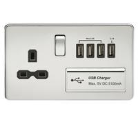 KnightsBridge 13A 2G Screwless Polished Chrome 1G Switched Socket with Quad 5V USB Charger Ports - White Insert
