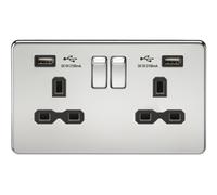 Knightsbridge SFR9902PC 13 A 2G Screw Less Polished Chrome Switched Socket with Black Insert and Dual USB Charger, Silver