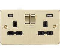 13A 2G SP Switched Socket with Dual USB A+C (5V DC 4.0A shared) - Brushed Brass with black Insert