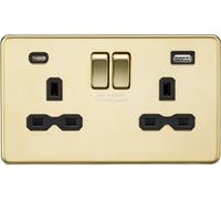 Knightsbridge SFR9940PB Screwless 13A 2G SP Switched Socket + 2xUSB A+C (5V DC 4.0A Shared) - Polished Brass + Black Insert