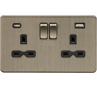 Knightsbridge SFR9940AB Screwless 13A 2G SP Switched Socket + 2xUSB A+C (5V DC 4.0A Shared) - Antique Brass + Black Insert