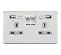KnightsBridge 13A 2G Switched Socket, Dual USB (2.4A) with LED Charge Indicators - Brushed Chrome w/grey insert