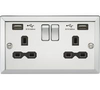 KnightsBridge 13A 2G Switched Socket Dual USB Charger (2.4A) with Black Insert - Bevelled Edge Polished Chrome