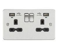 KnightsBridge 13A 2G Switched Socket, dual USB charger (2.4A) with Indicators - Brushed Chrome with black insert