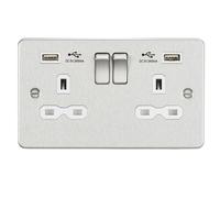 KnightsBridge 13A 2G switched socket with dual USB charger A + A (2.4A) - Brushed chrome with white insert