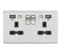 KnightsBridge 13A 2G Switched Sockets, Dual USB (2.4A) with LED Charge Indicators - Brushed Chrome - Black Insert