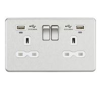 KnightsBridge 13A 2G Switched Sockets, Dual USB (2.4A) with LED Charge Indicators - Brushed Chrome - White Insert