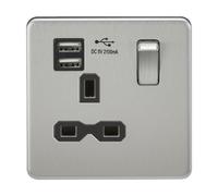 KnightsBridge 1G 13A Screwless Brushed Chrome 1G Switched Socket with Dual 5V USB Charger Ports - White Insert