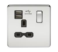 KnightsBridge 1G 13A Screwless Polished Chrome 1G Switched Socket with Dual 5V USB Charger Ports - Black Insert