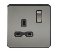 KnightsBridge 1G DP 13A 230V Screwless Black Nickel UK 3 Pin Switched Electrical Wall Socket - Black Insert