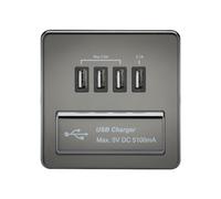 KnightsBridge 1G Screwless Black Nickel Quad USB 5V Charger Outlet - White Insert