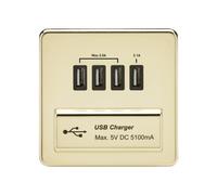 KnightsBridge 1G Screwless Polished Brass Quad USB 5V Charger Outlet - Black Insert