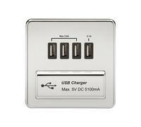 KnightsBridge 1G Screwless Polished Chrome Quad USB 5V Charger Outlet - Black Insert