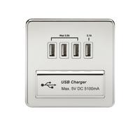 KnightsBridge 1G Screwless Polished Chrome Quad USB 5V Charger Outlet - White Insert