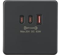 Knightsbridge 230V Triple USB Charger Plate 2xUSB-C 1xUSB-A [20V DC Max. 63W] - Anthracite