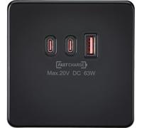 Knightsbridge 230V Triple USB Charger Plate 2xUSB-C 1xUSB-A [20V DC Max. 63W] - Matt Black