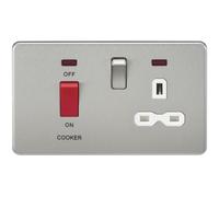 KnightsBridge 2G 45A DP 230V Screwless Brushed Chrome Switch With Neon & Socket - White Insert