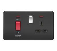 KnightsBridge 2G 45A DP 230V Screwless Matt Black Electric Switch With Neon and Socket