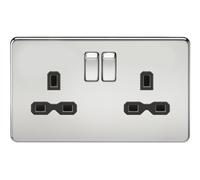 KnightsBridge 2G DP 13A Screwless Polished Chrome 230V UK 3 Pin Switched Electric Wall Socket - Black Insert