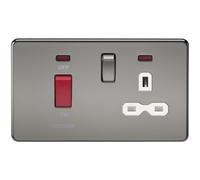 KnightsBridge 45A 2G DP 230V Screwless Black Nickel Electric Switch With Neon and Socket - White Insert