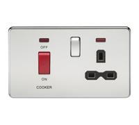KnightsBridge 45A 2G DP 230V Screwless Polished Chrome Switch With Neon and Socket - Black Insert