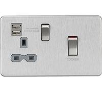 KnightsBridge 45A DP Switch and 13A switched socket with dual USB charger - brushed chrome with grey insert