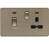 Knightsbridge SFR83MNAB Screwless 45A DP Cooker Switch + 13A Switched Socket + Neons - Antique Brass + Black Insert