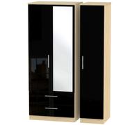 Knightsbridge Black Gloss and Light Oak 3 Door Combi Wardrobe - 1 Mirror and LHF 2 Drawers