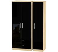 Knightsbridge Black Gloss and Light Oak 3 Door Triple Wardrobe - LHF 2 Drawers