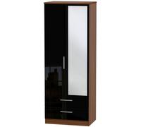 Knightsbridge Black Gloss and Walnut Effect 2 Door Tall Combi Wardrobe - 1 Mirror