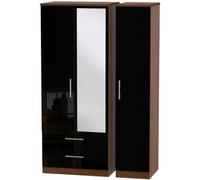Knightsbridge Black Gloss and Walnut Effect 3 Door Combi Wardrobe - 1 Mirror and LHF 2 Drawers